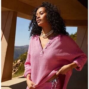 FP Beach Hailee 100% Cotton Waffle Knit Cozy Oversized Pink Henley Top, Size S